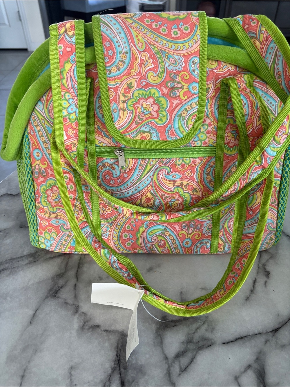 Small Pet Carrier Tote in Coral Paisley with Lime Trim